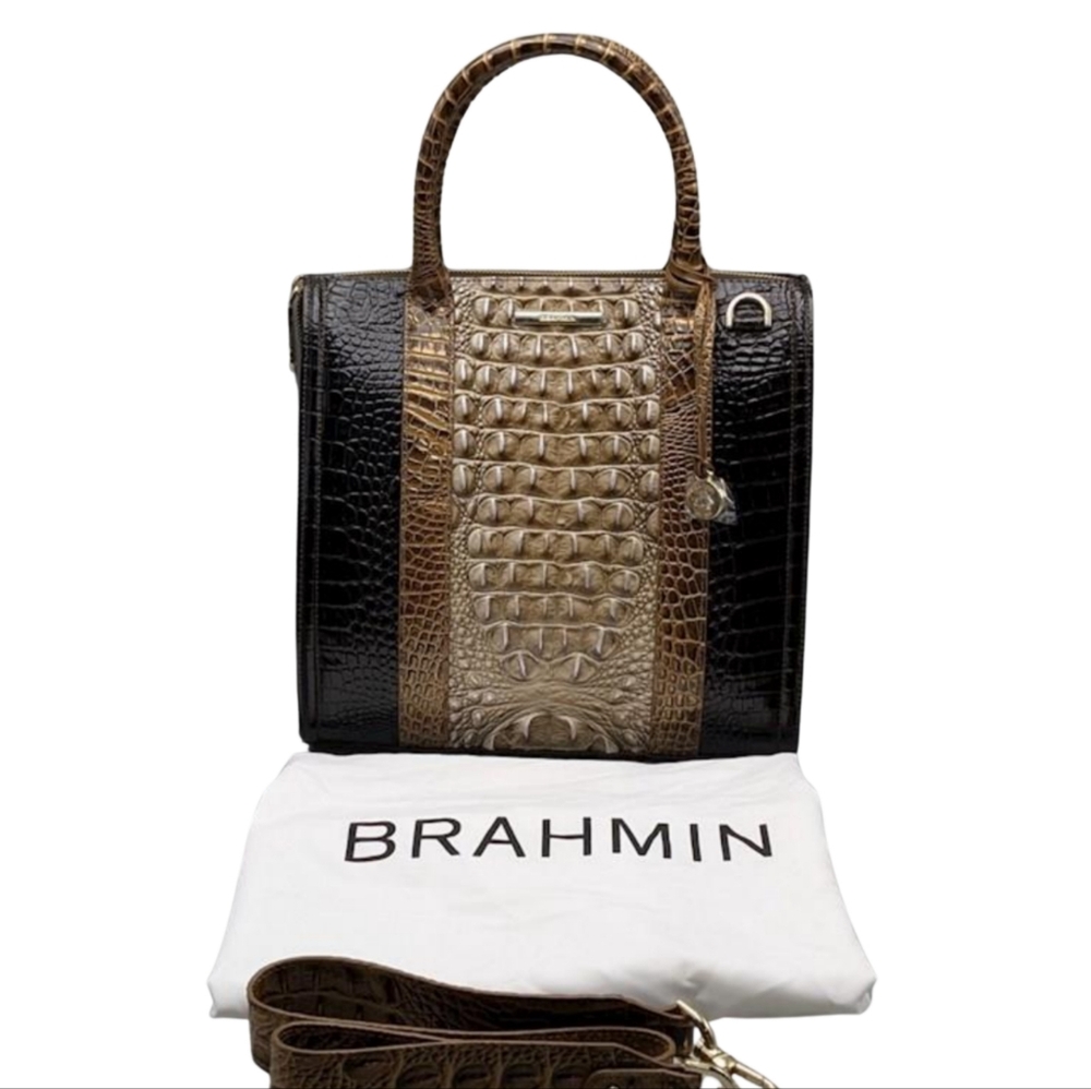 Brahmin Black and Taupe Croc-Embossed Satchel - Picture 12 of 16